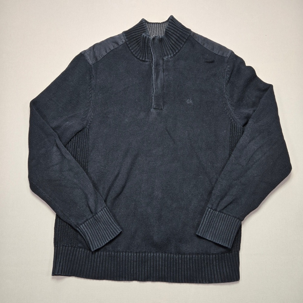 Calvin Klein 1/4 Zip Pullover Sweater Knit Long Sleeve Mock Neck Black Men's L